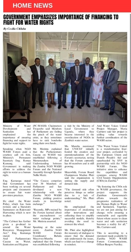 Courtesy call on the Ministry of Water Development and Sanitation Permanent Secretary Engineer Romas Kamanga in Lusaka news story published in Daily Money Newspaper dated December 30, 2024