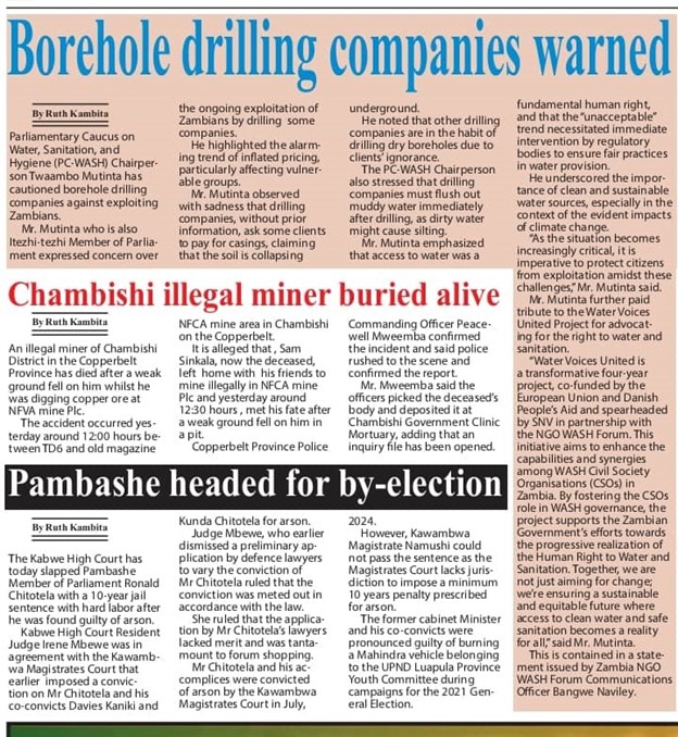 PC-WASH Chairperson news item published in The Times Newspaper dated December 17, 2024